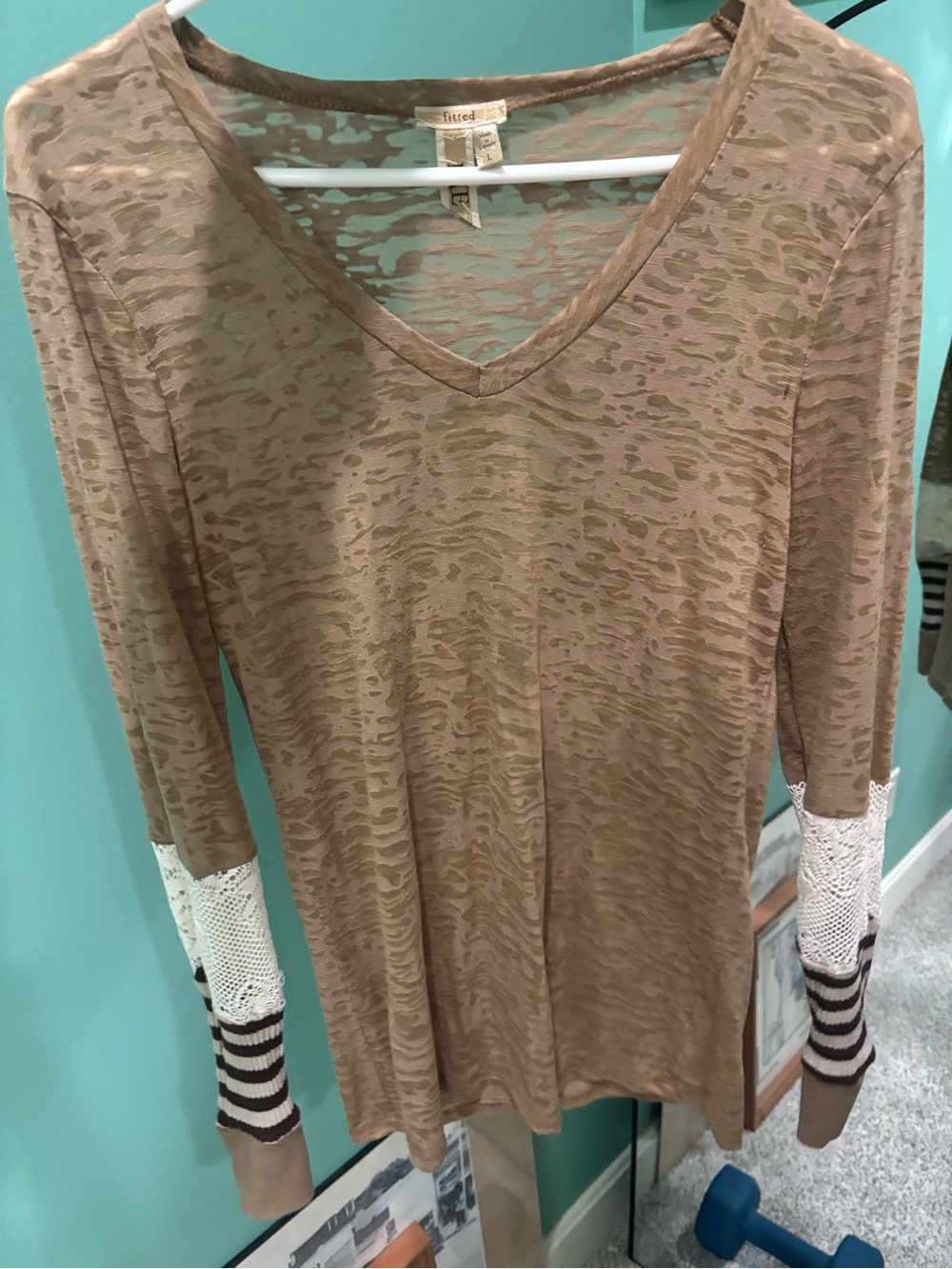 BKE Taupe V-Neck Long Sleeve Top with Lace & Striped Cuffs